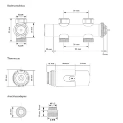 Badheizkörper Mittelanschluss 370x1600 mm Weiß mit Boden Thermostatventil LuxeBath-ECD Germany Online