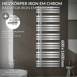 Badheizkörper Mittelanschluss 600x1600 mm Chrome mit Boden Anschlussgarnitur LuxeBath-ECD Germany Outlet