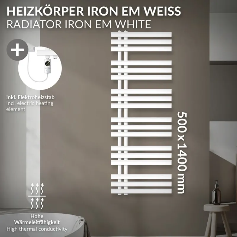 Badheizkörper Mittelanschluss 500x1400 mm Weiß mit Heizstab 1200W LuxeBath-ECD Germany Online
