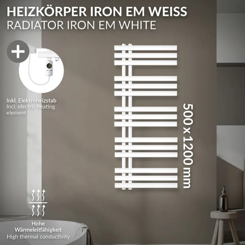 Badheizkörper Mittelanschluss 500x1200 mm Weiß mit Heizstab 1200W LuxeBath-ECD Germany Best