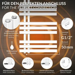 Badheizkörper Mittelanschluss 500x1200 mm Weiß mit Heizstab 1200W LuxeBath-ECD Germany Best