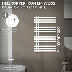 Badheizkörper Mittelanschluss 600x1000 mm Weiß mit Heizstab 300W LuxeBath-ECD Germany New