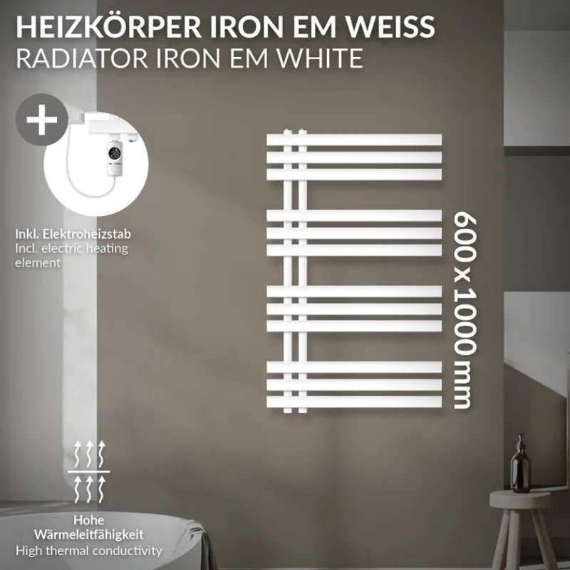 Badheizkörper Mittelanschluss 600x1000 mm Weiß mit Heizstab 300W LuxeBath-ECD Germany New
