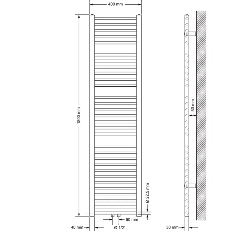 Badheizkörper Mittelanschluss 400x1800 mm Weiß gerade inkl. Montagematerial LuxeBath-ECD Germany New