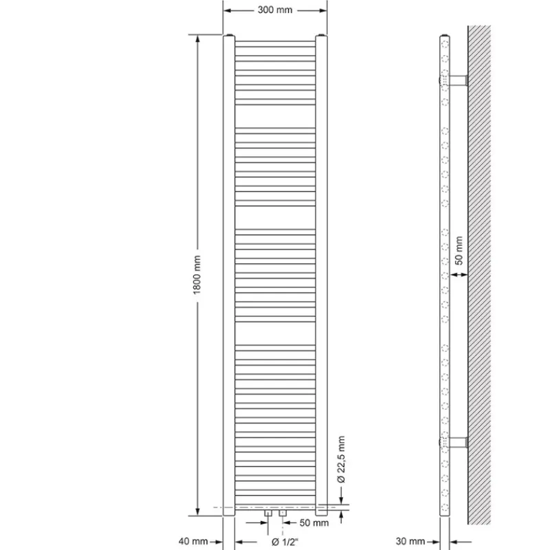Badheizkörper Mittelanschluss 300x1800 mm Weiß gerade mit Boden Anschlussgarnitur LuxeBath-ECD Germany Discount