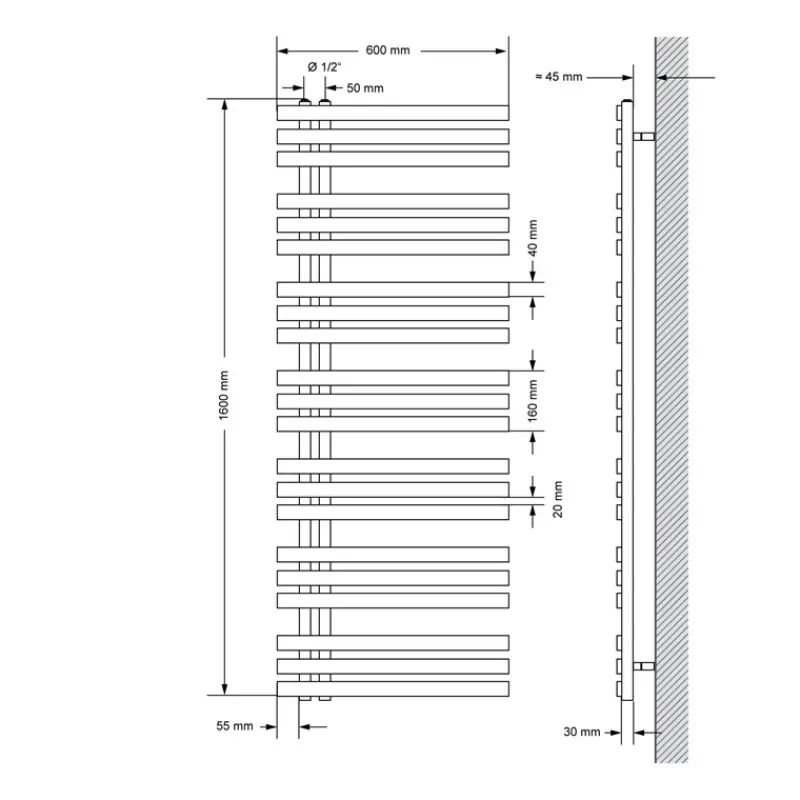 Badheizkörper Mittelanschluss 600x1600 mm Weiß mit Universal Anschlussgarnitur LuxeBath-ECD Germany New