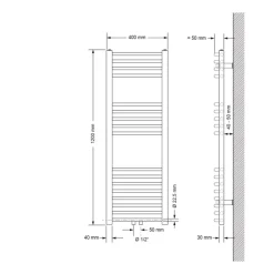Badheizkörper Mittelanschluss 400x1200 mm Weiß gebogen mit Universale Anschlussgarnitur LuxeBath-ECD Germany