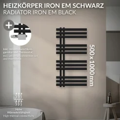 Badheizkörper Mittelanschluss 500x1000 mm Schwarz matt mit Universal Thermostatventil LuxeBath-ECD Germany Sale