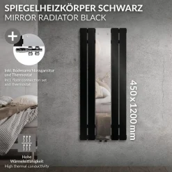 Badheizkörper Mittelanschluss mit Spiegel 450x1200 mm Schwarz inkl. Bodenanschlussgarnitur mit Thermostat LuxeBath-ECD Germany Discount
