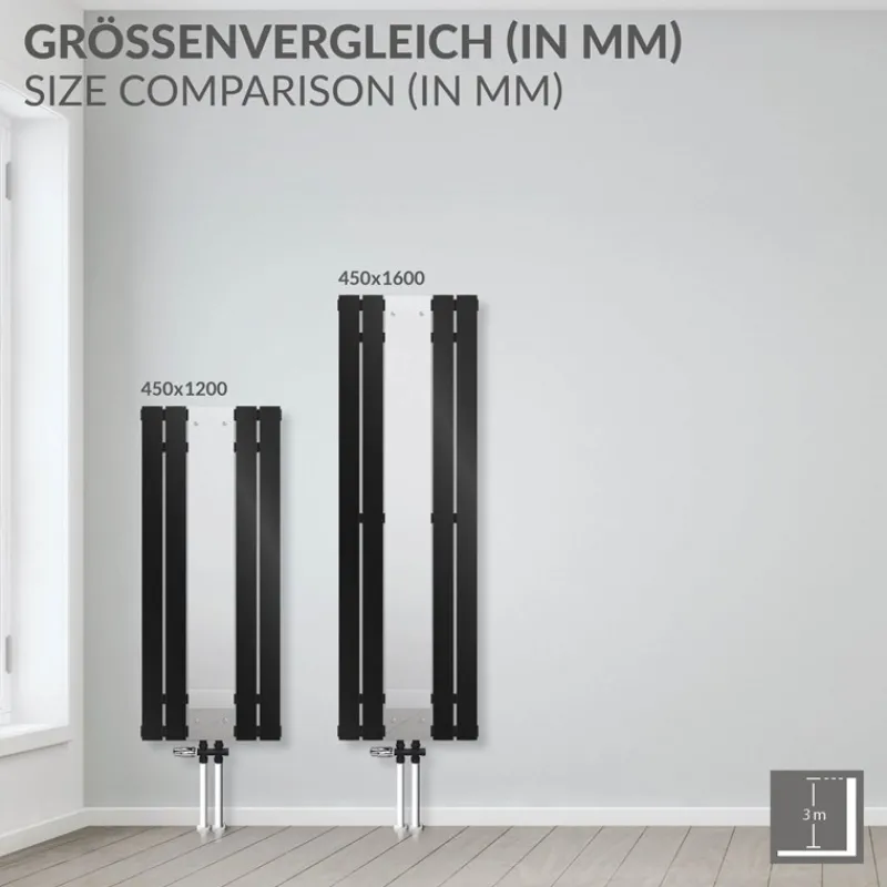 Badheizkörper Mittelanschluss mit Spiegel 450x1200 mm Schwarz inkl. Bodenanschlussgarnitur mit Thermostat LuxeBath-ECD Germany Discount