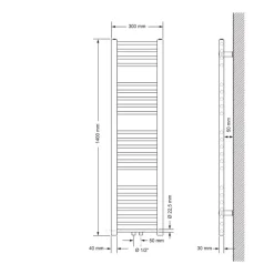 Badheizkörper Mittelanschluss 300x1400mm Weiß gerade mit Boden Anschlussgarnitur LuxeBath-ECD Germany Discount
