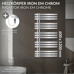 Badheizkörper Mittelanschluss 600x1200 mm Chrom mit Heizstab 1200W LuxeBath-ECD Germany Outlet