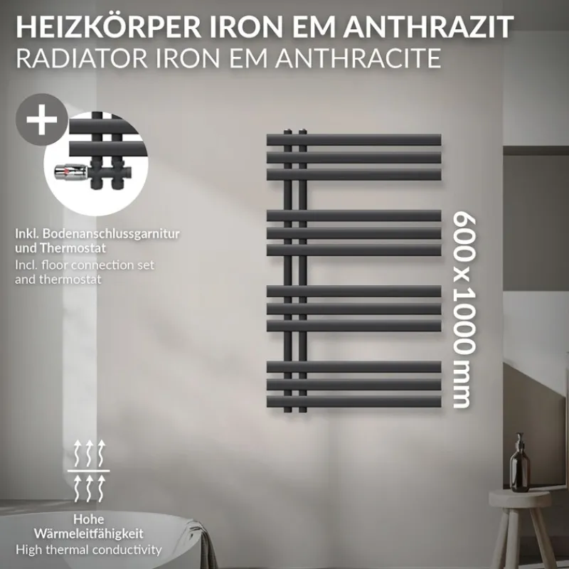 Badheizkörper Mittelanschluss 600x1000 mm Anthrazit mit Boden Anschlussgarnitur LuxeBath-ECD Germany Hot