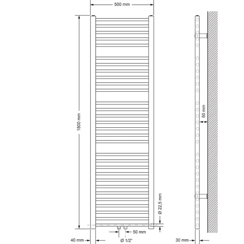 Badheizkörper Mittelanschluss 500x1800 mm Chrome gerade inkl. Montagematerial LuxeBath-ECD Germany