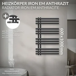 Badheizkörper Mittelanschluss 600x1000 mm Anthrazit mit Wand Anschlussgarnitur LuxeBath-ECD Germany Discount