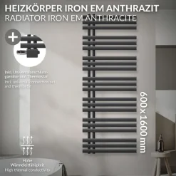Badheizkörper Mittelanschluss 600x1600 mm Anthrazit mit Universal Anschlussgarnitur LuxeBath-ECD Germany Discount