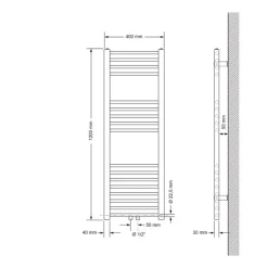 Badheizkörper Mittelanschluss 400x1200 mm Weiß gerade mit Wand Anschlussgarnitur LuxeBath-ECD Germany Discount