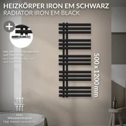 Badheizkörper Mittelanschluss 500x1200 mm Schwarz matt mit Wand Thermostatventil LuxeBath-ECD Germany Outlet