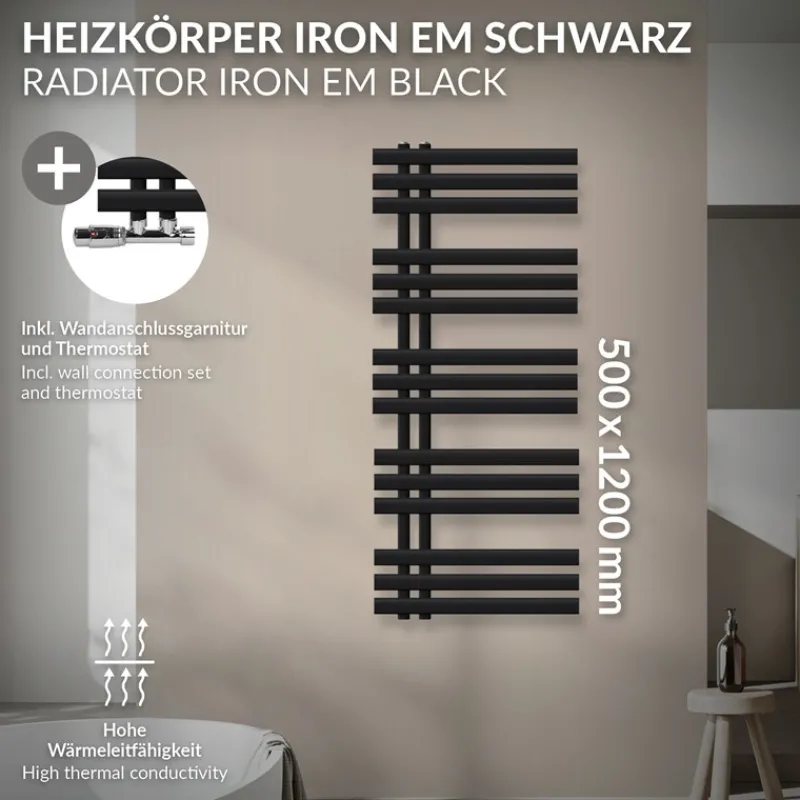 Badheizkörper Mittelanschluss 500x1200 mm Schwarz matt mit Wand Thermostatventil LuxeBath-ECD Germany Outlet