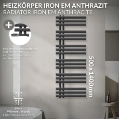 Badheizkörper Mittelanschluss 500x1400 mm Anthrazit mit Wand Anschlussgarnitur LuxeBath-ECD Germany Online