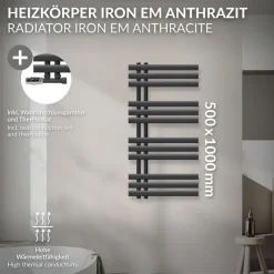 Badheizkörper Mittelanschluss 500x1000 mm Anthrazit mit Wand Anschlussgarnitur LuxeBath-ECD Germany Discount