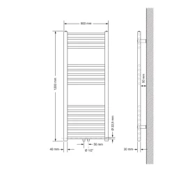 Badheizkörper Mittelanschluss 500x1200 mm Weiß gerade mit Wand Anschlussgarnitur LuxeBath-ECD Germany New