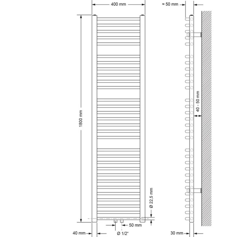 Badheizkörper Mittelanschluss 400x1800 mm Weiß gebogen mit Wand Anschlussgarnitur LuxeBath-ECD Germany Best