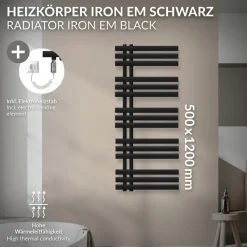 Badheizkörper Mittelanschluss 500x1200 mm Schwarz matt mit Heizstab 1200W LuxeBath-ECD Germany Clearance