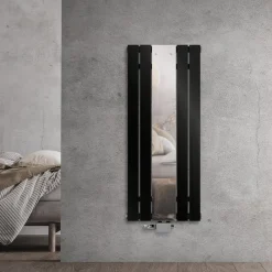 Badheizkörper Mittelanschluss mit Spiegel 450x1200 mm Schwarz inkl. Universale Anschlussgarnitur mit Thermostat LuxeBath-ECD Germany