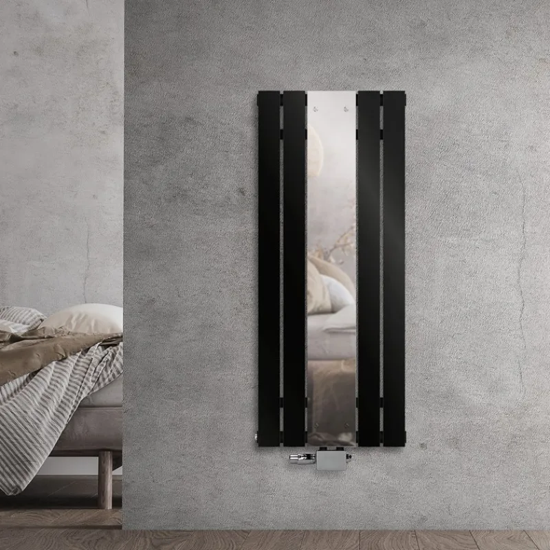 Badheizkörper Mittelanschluss mit Spiegel 450x1200 mm Schwarz inkl. Universale Anschlussgarnitur mit Thermostat LuxeBath-ECD Germany