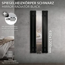 Badheizkörper Mittelanschluss mit Spiegel 450x1200 mm Schwarz inkl. Universale Anschlussgarnitur mit Thermostat LuxeBath-ECD Germany