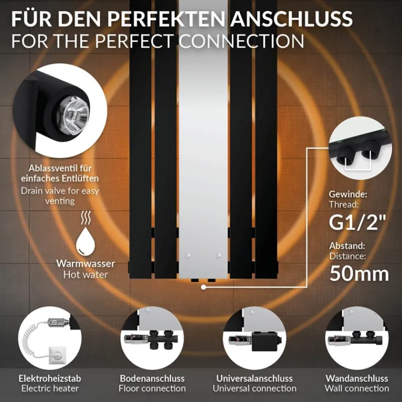 Badheizkörper Mittelanschluss mit Spiegel 450x1200 mm Schwarz inkl. Universale Anschlussgarnitur mit Thermostat LuxeBath-ECD Germany
