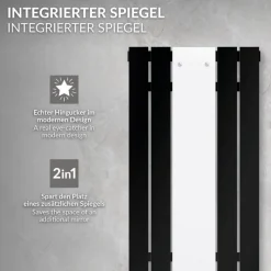 Badheizkörper Mittelanschluss mit Spiegel 450x1200 mm Schwarz inkl. Universale Anschlussgarnitur mit Thermostat LuxeBath-ECD Germany