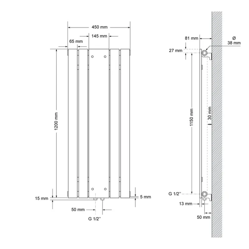 Badheizkörper Mittelanschluss mit Spiegel 450x1200 mm Schwarz inkl. Universale Anschlussgarnitur mit Thermostat LuxeBath-ECD Germany