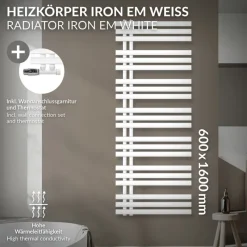 Badheizkörper Mittelanschluss 600x1600 mm Weiß mit Wand Anschlussgarnitur LuxeBath-ECD Germany Clearance