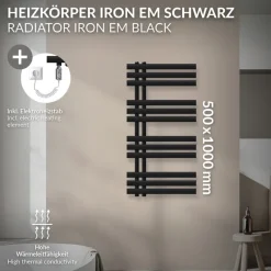 Badheizkörper Mittelanschluss 500x1000 mm Schwarz matt mit Heizstab 300W LuxeBath-ECD Germany Discount