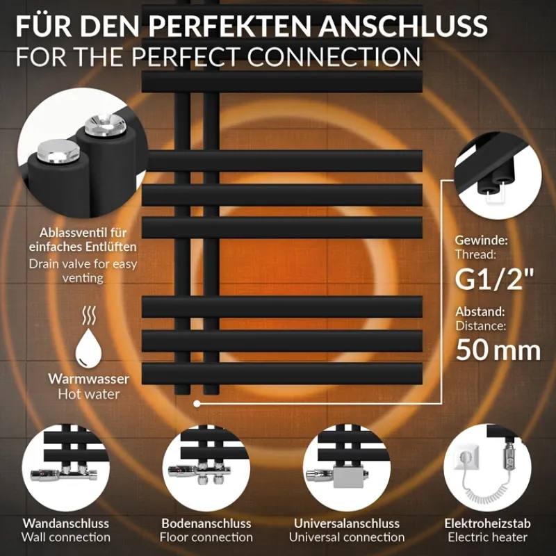 Badheizkörper Mittelanschluss 500x1000 mm Schwarz matt mit Heizstab 300W LuxeBath-ECD Germany Discount
