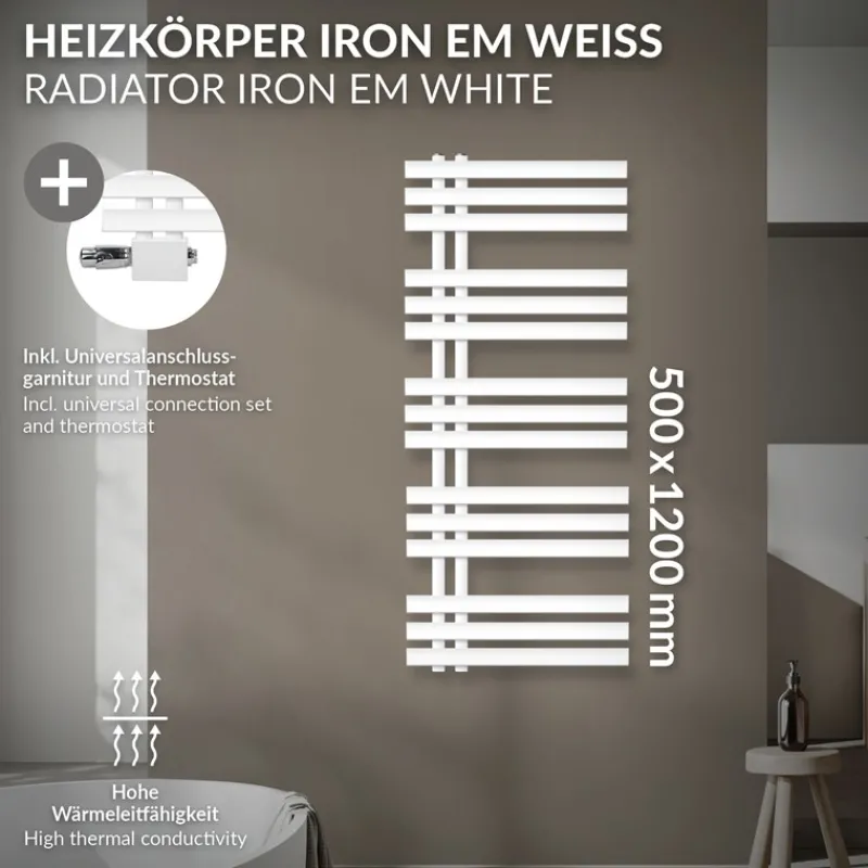 Badheizkörper Mittelanschluss 500x1200 mm Weiß mit Universal Thermostatventil LuxeBath-ECD Germany Online