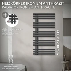 Badheizkörper Mittelanschluss 600x1200 mm Anthrazit mit Boden Anschlussgarnitur LuxeBath-ECD Germany Best