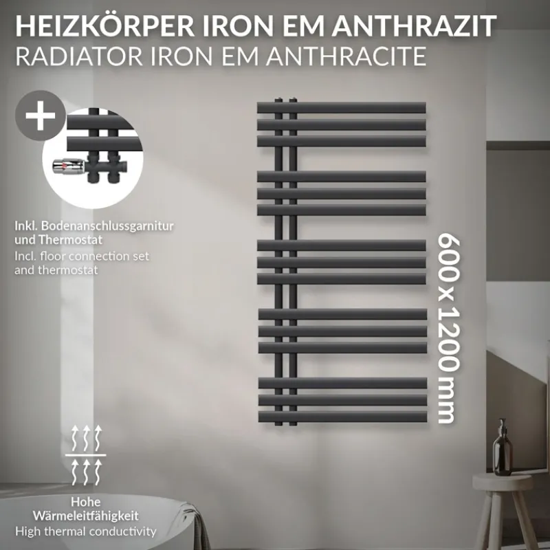 Badheizkörper Mittelanschluss 600x1200 mm Anthrazit mit Boden Anschlussgarnitur LuxeBath-ECD Germany Best