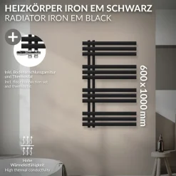 Badheizkörper Mittelanschluss 600x1000 mm Schwarz matt mit Boden Thermostatventil LuxeBath-ECD Germany Clearance