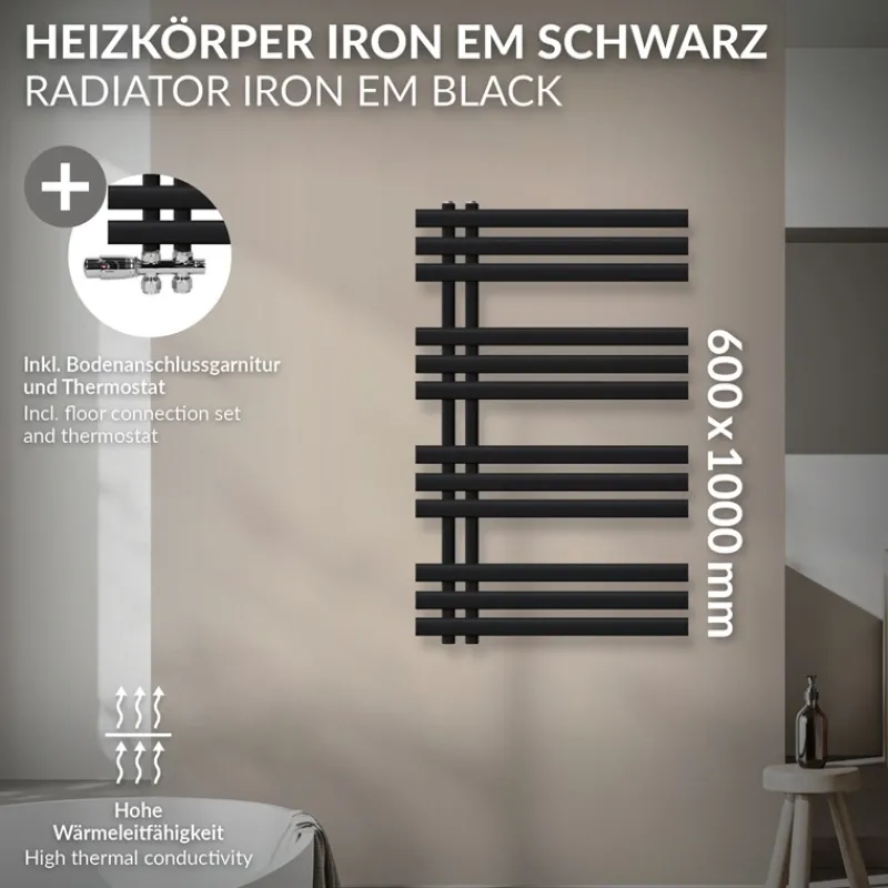 Badheizkörper Mittelanschluss 600x1000 mm Schwarz matt mit Boden Thermostatventil LuxeBath-ECD Germany Clearance
