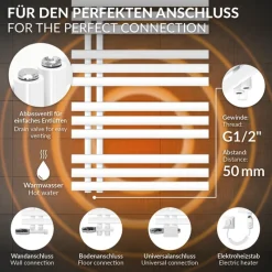 Badheizkörper Mittelanschluss 600x1600 mm Weiß mit Boden Anschlussgarnitur LuxeBath-ECD Germany Online