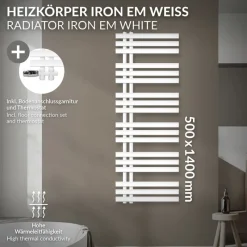 Badheizkörper Mittelanschluss 500x1400 mm Weiß mit Boden Anschlussgarnitur LuxeBath-ECD Germany Discount