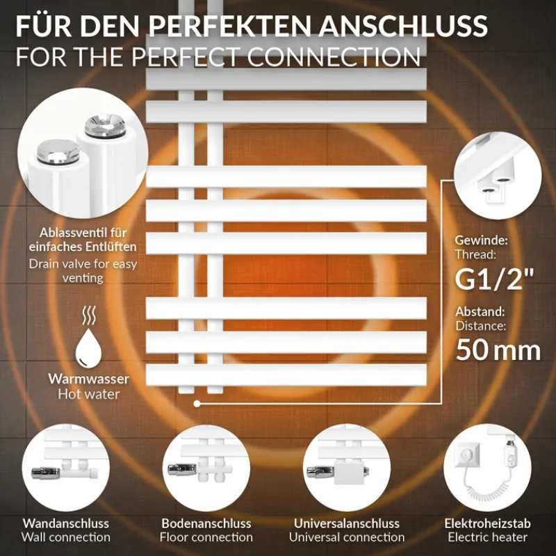 Badheizkörper Mittelanschluss 500x1400 mm Weiß mit Boden Anschlussgarnitur LuxeBath-ECD Germany Discount