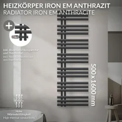 Badheizkörper Mittelanschluss 500x1600 mm Anthrazit mit Boden Anschlussgarnitur LuxeBath-ECD Germany