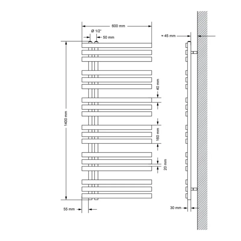 Badheizkörper Mittelanschluss 600x1400 mm Weiß mit Heizstab 1200W LuxeBath-ECD Germany