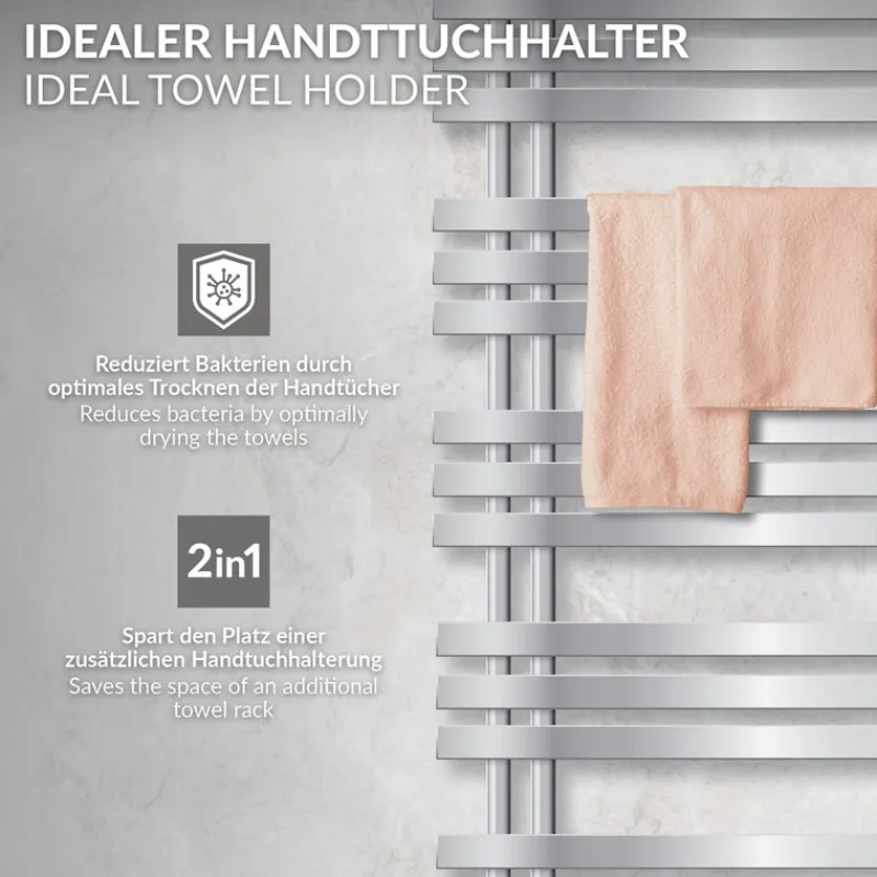 Badheizkörper Mittelanschluss 600x1200 mm Chrome mit Universal Anschlussgarnitur LuxeBath-ECD Germany Online