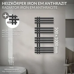 Badheizkörper Mittelanschluss 500x1000 mm Anthrazit mit Boden Anschlussgarnitur LuxeBath-ECD Germany Outlet