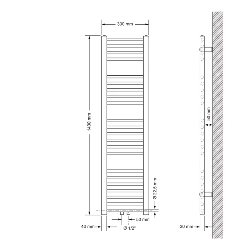 Badheizkörper Mittelanschluss 300x1400 mm Anthrazit gerade mit Wand Anschlussgarnitur LuxeBath-ECD Germany Outlet